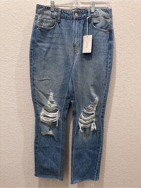 Cello Climbing High Straight Leg Jeans Distressed Light Wash Raw Hem Size 7 NEW